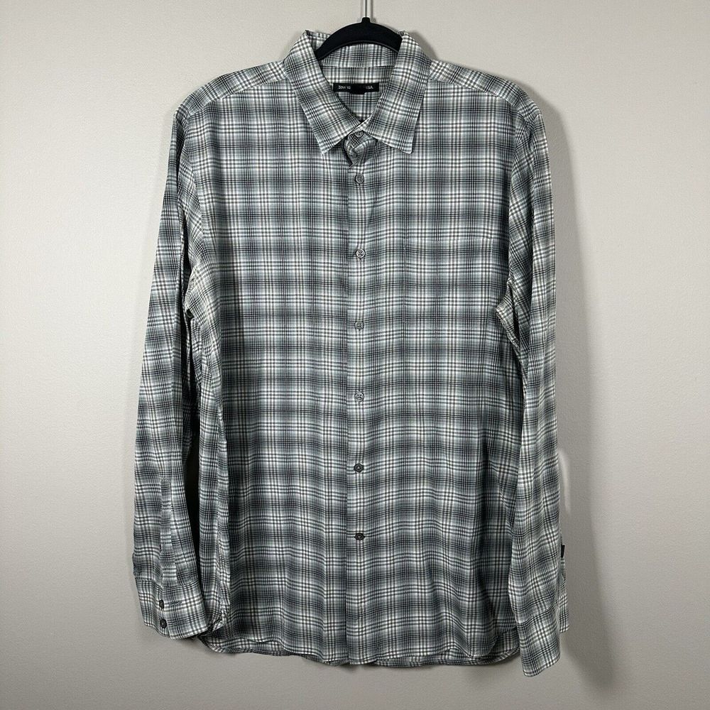 John Varvatos Large Teal Gray White Plaid Long‎ Sleeve Button Up Shirt